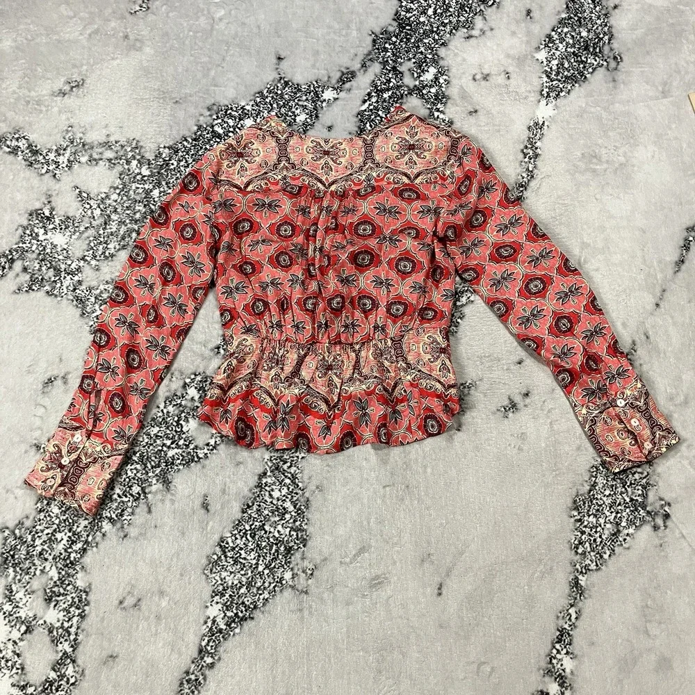 Free People Boho Wrap Top Red‎ Medallion Print Bell Sleeve Blouse Womens Small